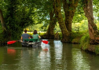 Couple dans une barque qui navigue dans un beau paysage arboré