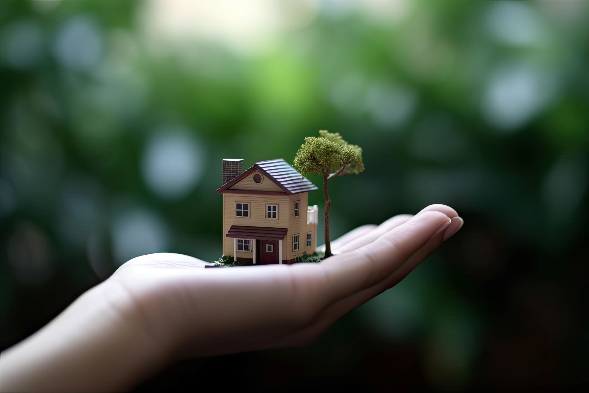 Main qui tient une maison en bois avec un arbre dessus