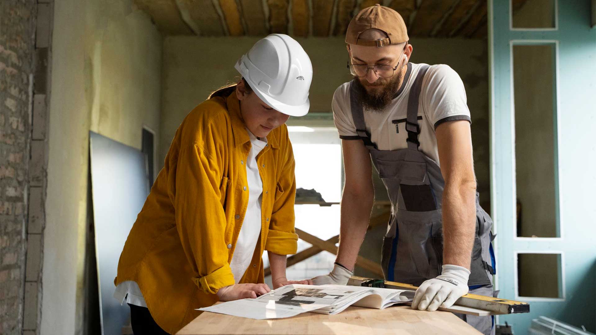 Femme-en-tenue-de-chantier-et-homme-devant-un-plan