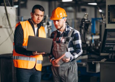 deux collaborateurs, chef et agent technique, en équipement d'usine avec casque, visionne un ordinateur portable tenu par le manager