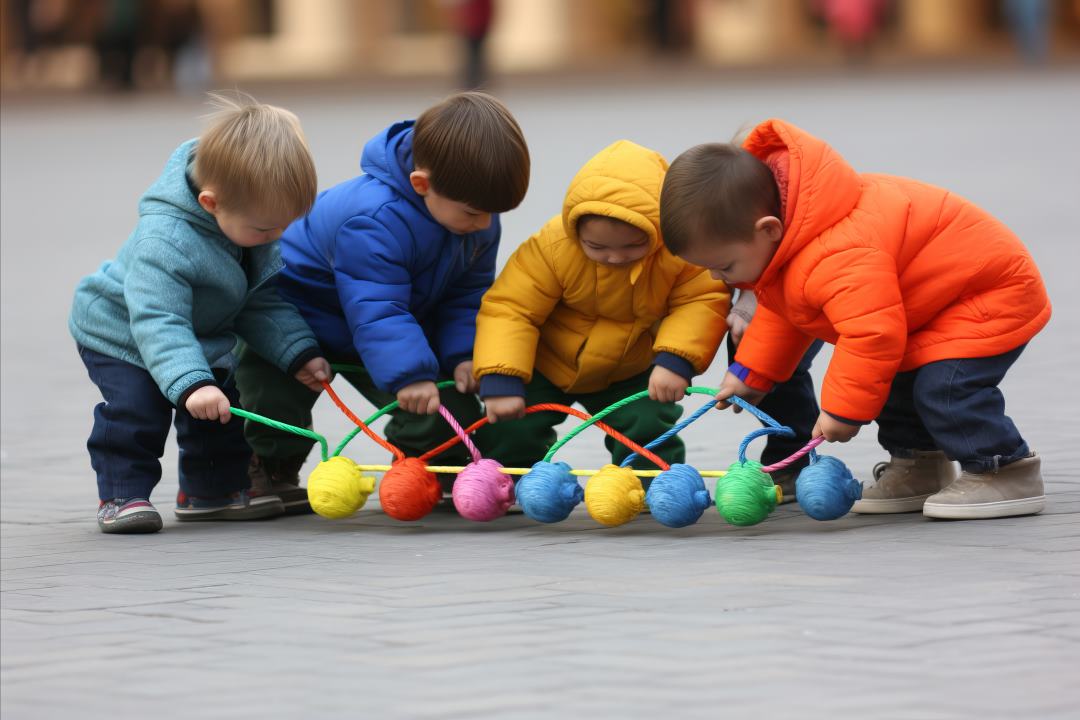 4 enfants habillés de vestes très coloré jouant à dénouer des liens