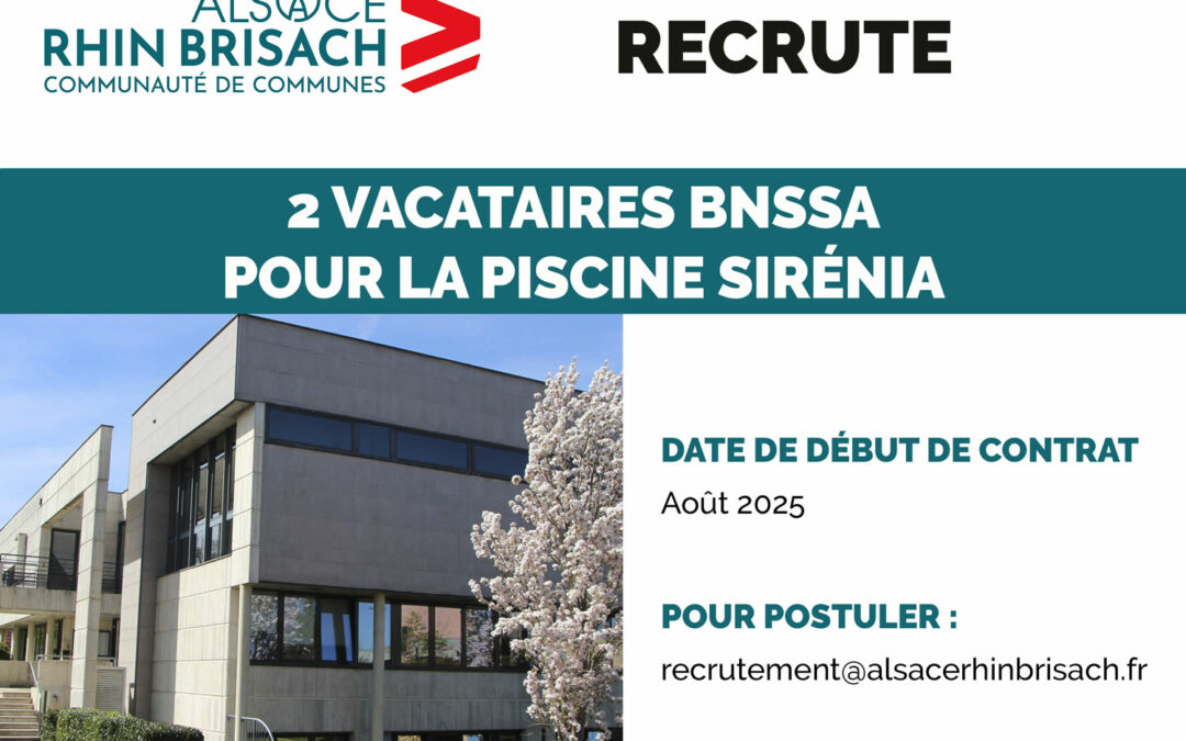 La CC Alsace Rhin Brisach recrute 2 vacataires BNSSA