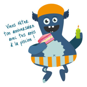 monstre de la piscine qui mange du gâteau d'anniversaire