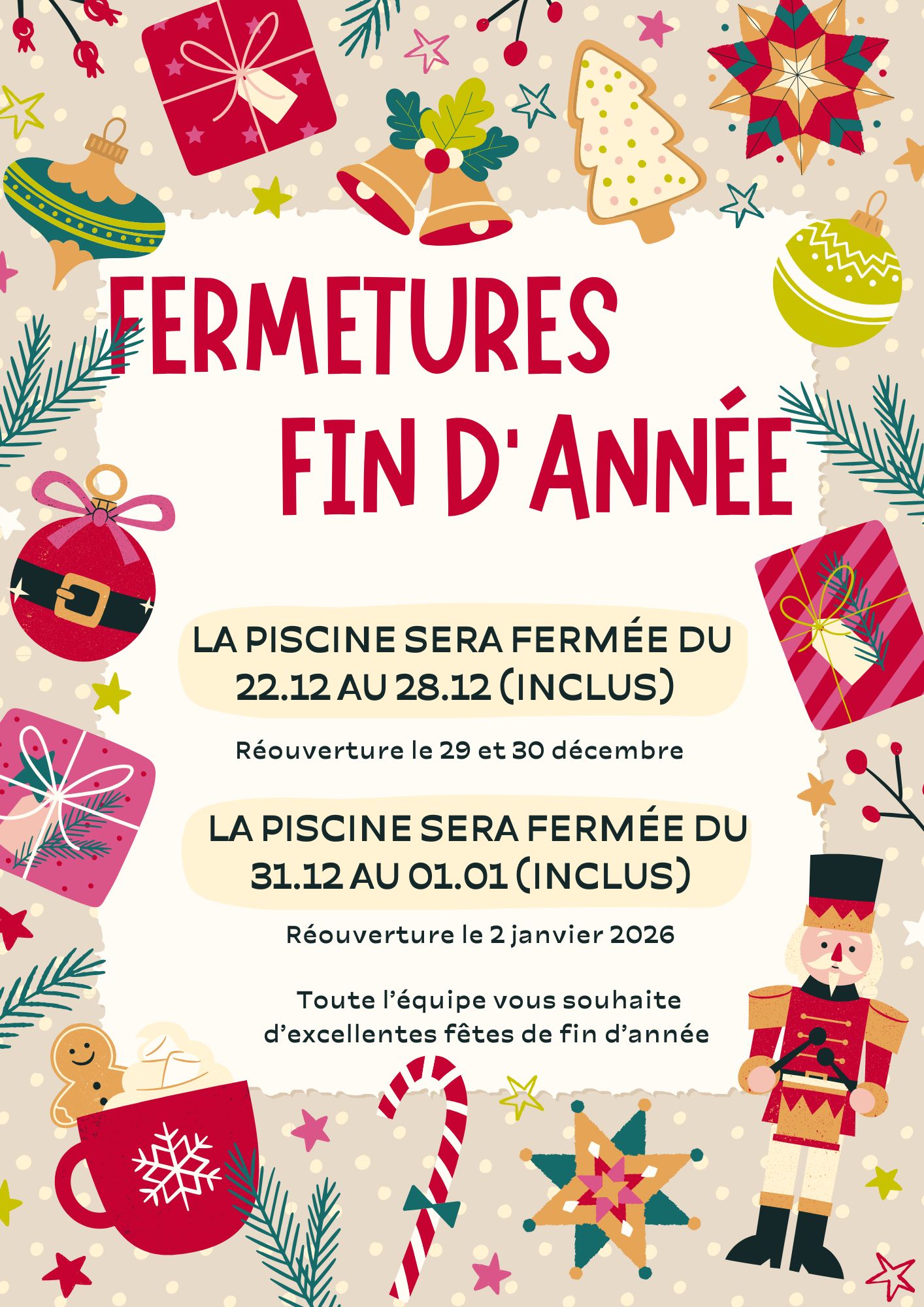 fermeture piscine sirénia pendant les fêtes 2025