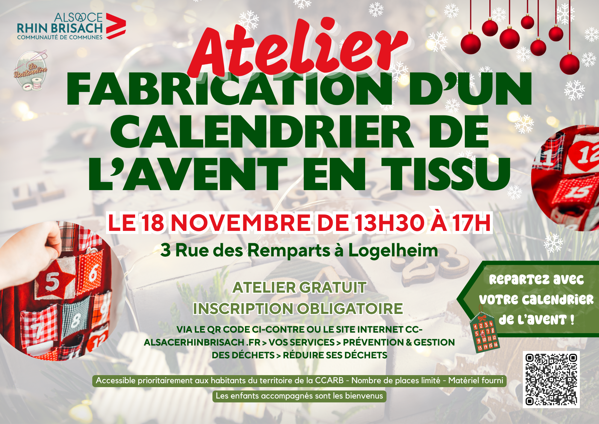 Atelier "fabrication d'un calendrier de l'avent en tissu" mercredi 18 novembre 2026