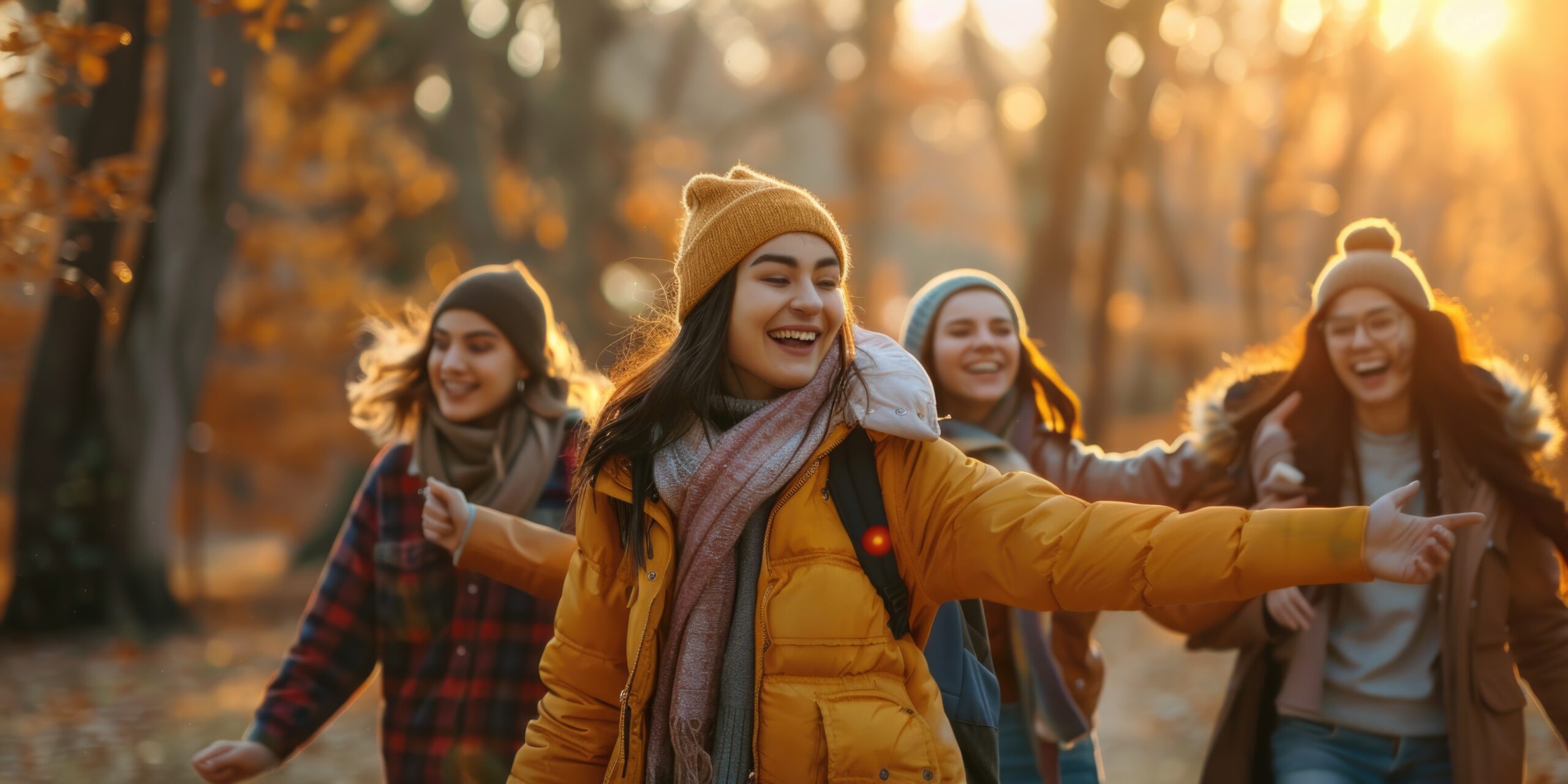 Group of Young Women Walking Through Forest